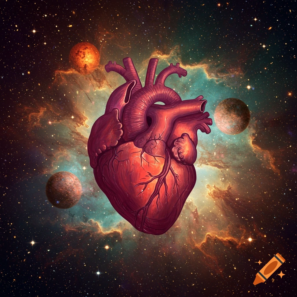 An anatomical heart floating in space with planets and nebula.