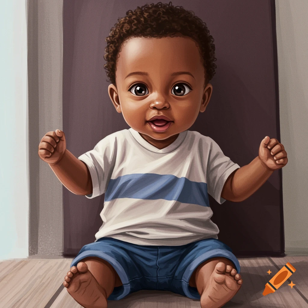 A smiling baby boy is sitting on the floor, holding up his fists.