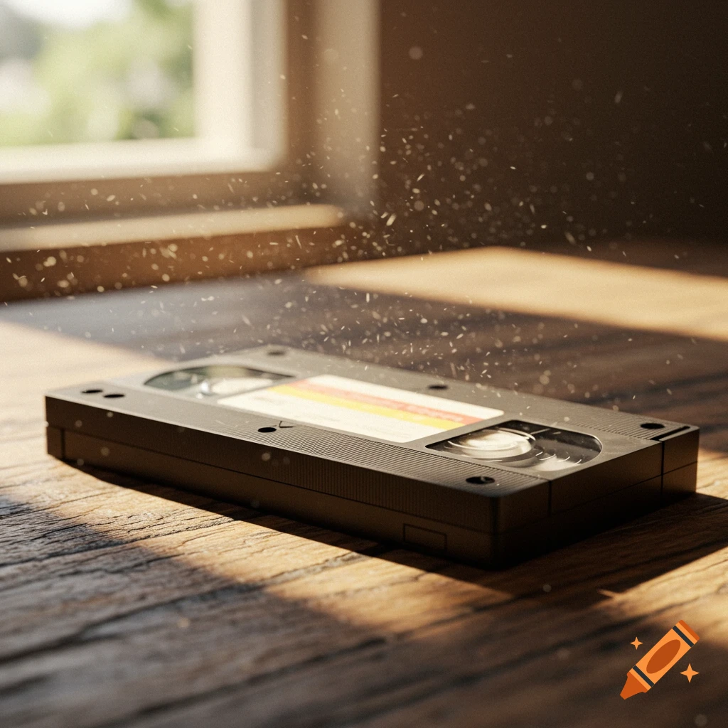 A close-up of a VHS tape lying on a wooden table, illuminated by sunlight with dust motes floating in the air.