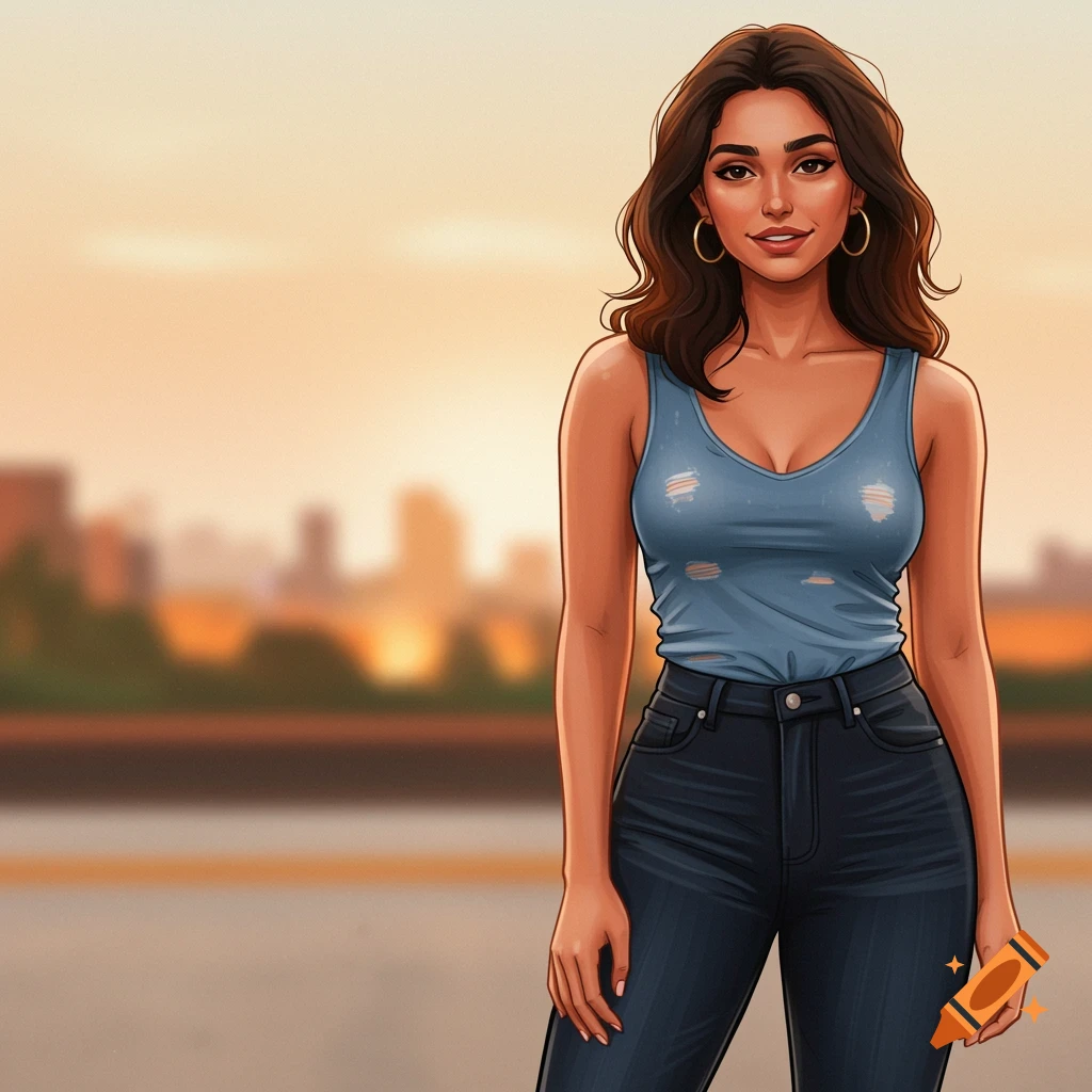 A woman in a blue tank top and jeans stands in front of a blurred cityscape.