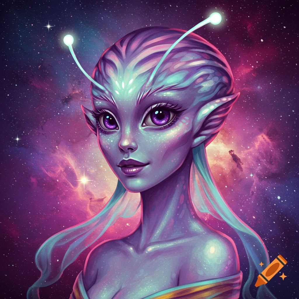 A purple female alien in space