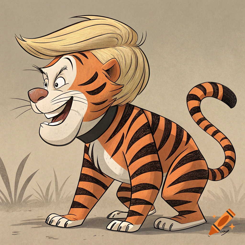 Cartoon tiger with blonde hair styled like Donald Trump, wearing a collar.