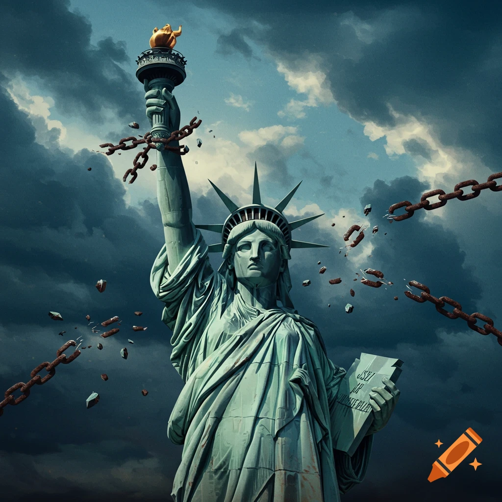 Statue of Liberty holding a tablet and breaking chains under a stormy sky.