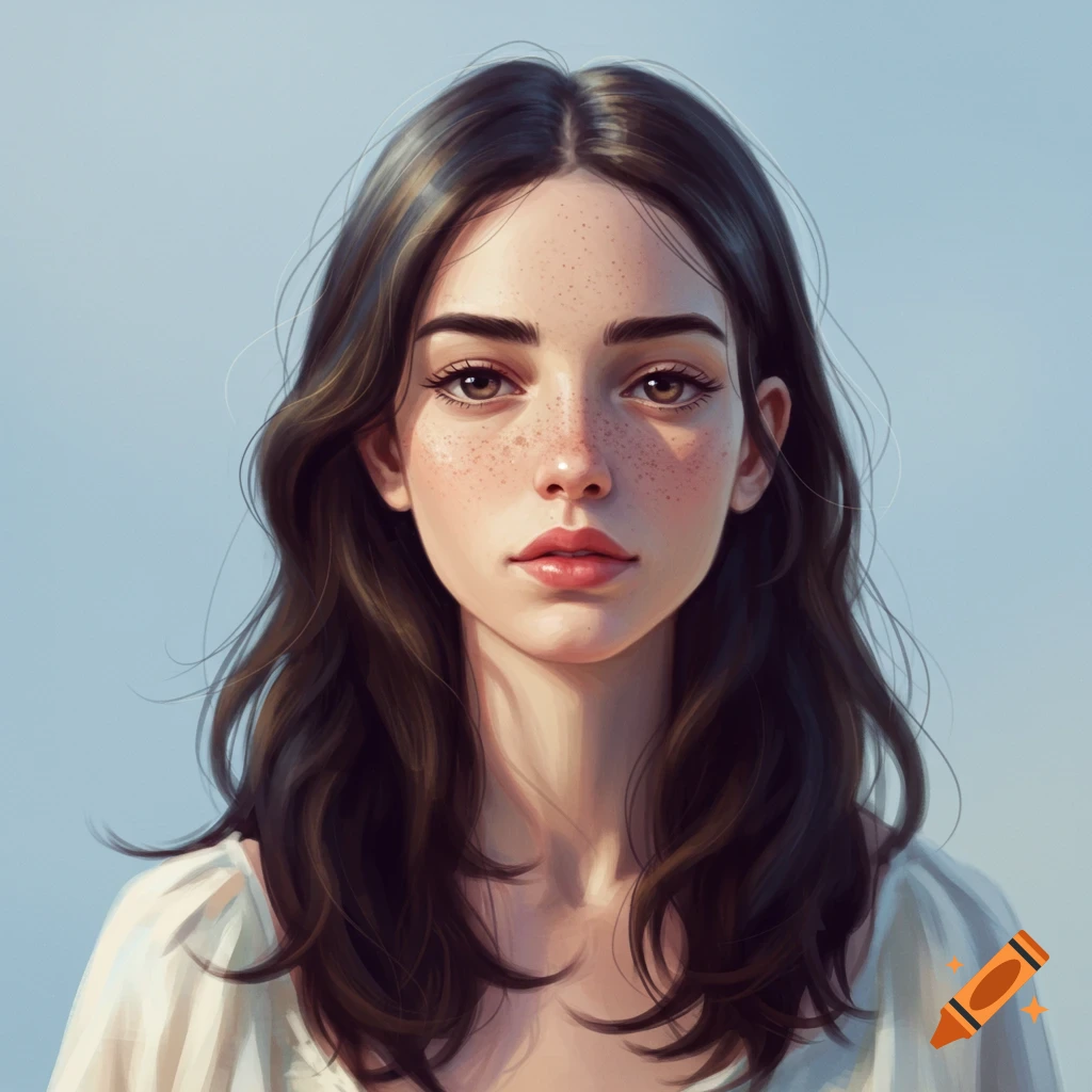 portrait of a young woman with freckles and brown hair.