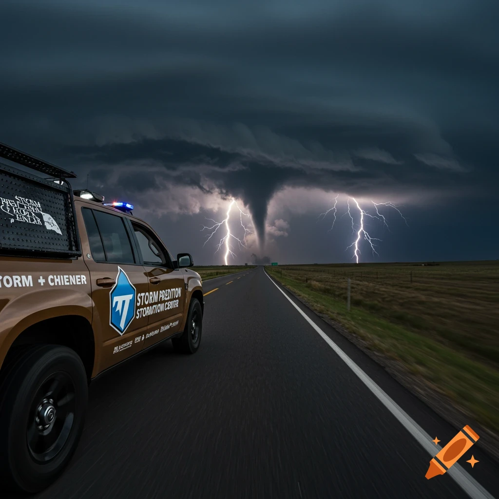 A photorealistic image of a storm chaser vehicle driving towards a large tornado and lightning under a dark sky.