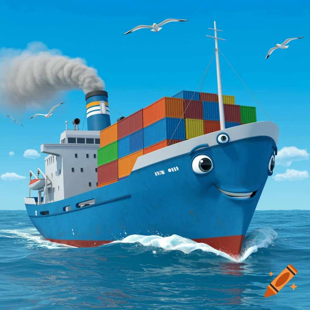 Cartoon blue cargo ship with a smiling face sails on the ocean with seagulls.