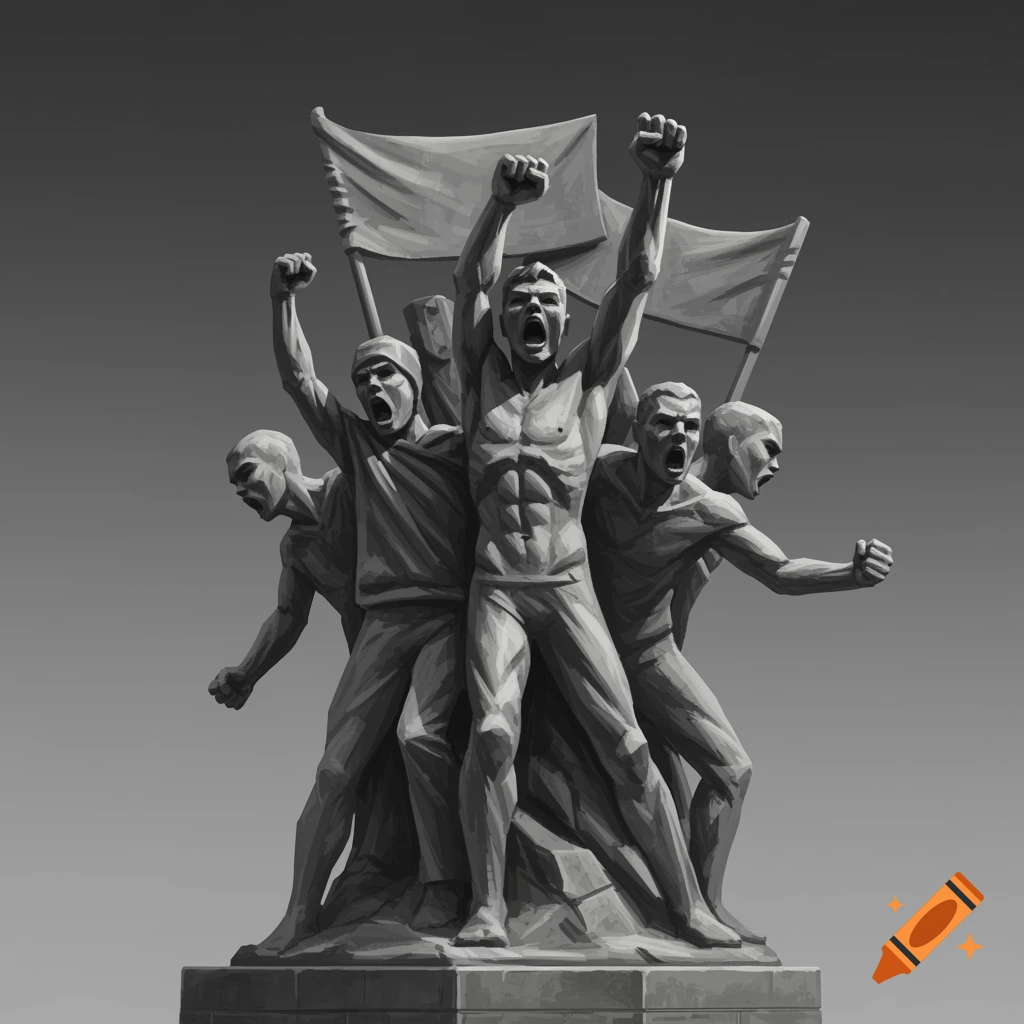 Grayscale sculpture depicting protesters with raised fists in a brutalist style.