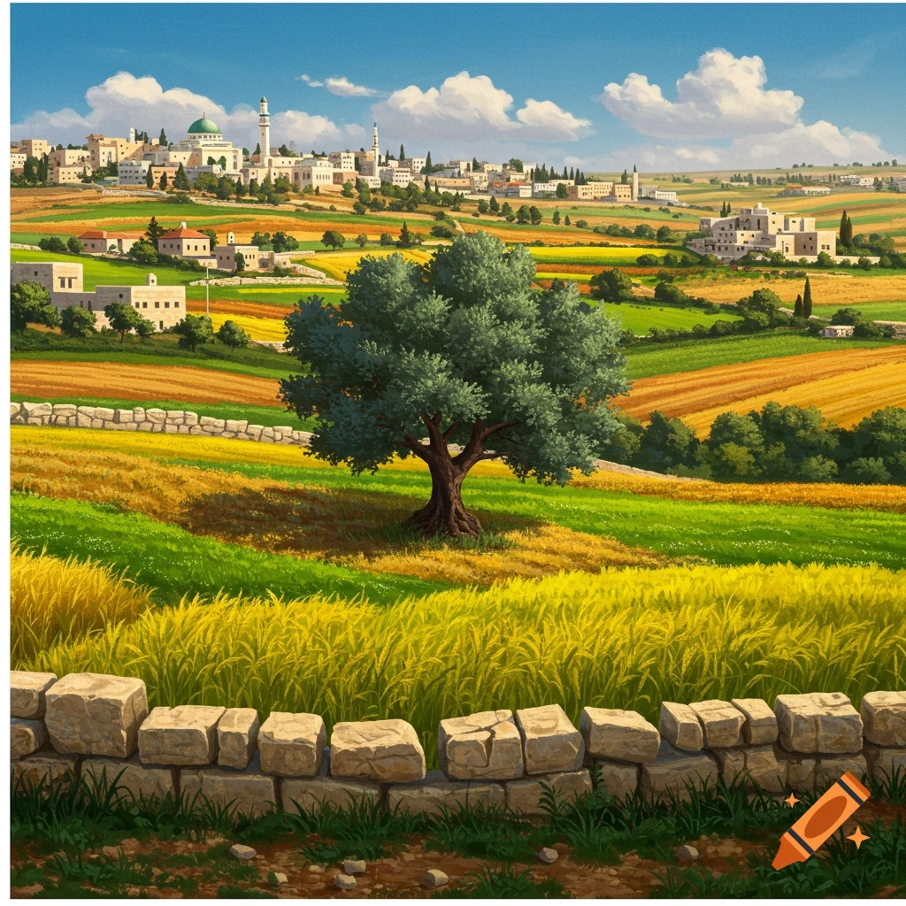 A village on a hill overlooking terraced fields, a large tree, and a stone wall in the foreground.