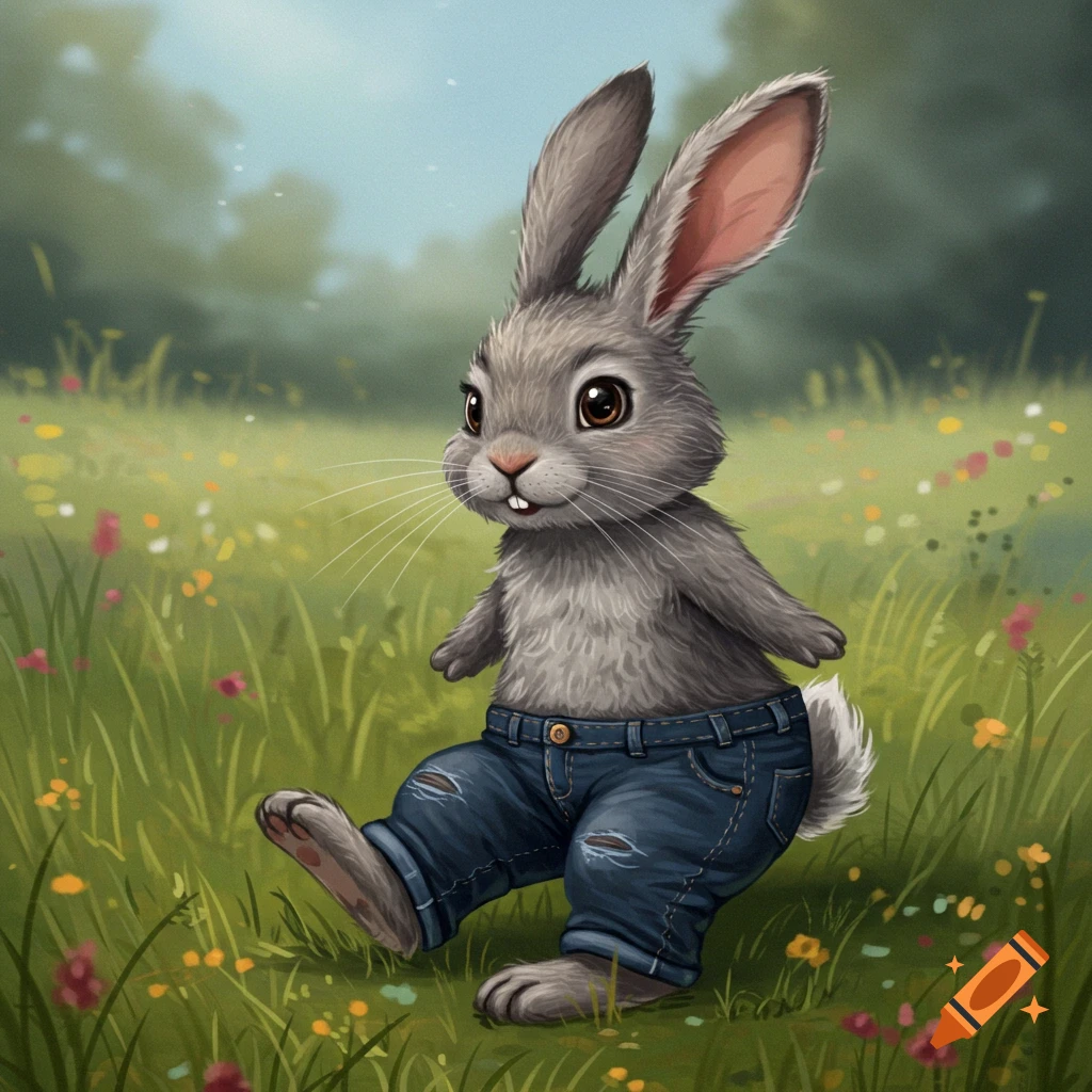 A rabbit wearing jeans sitting in a grassy field.