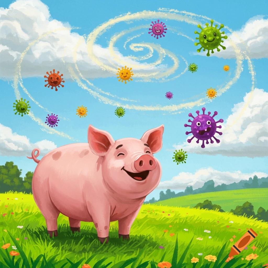A happy cartoon pig stands in a grassy field under a blue sky with cartoon viruses floating around it in a swirl.