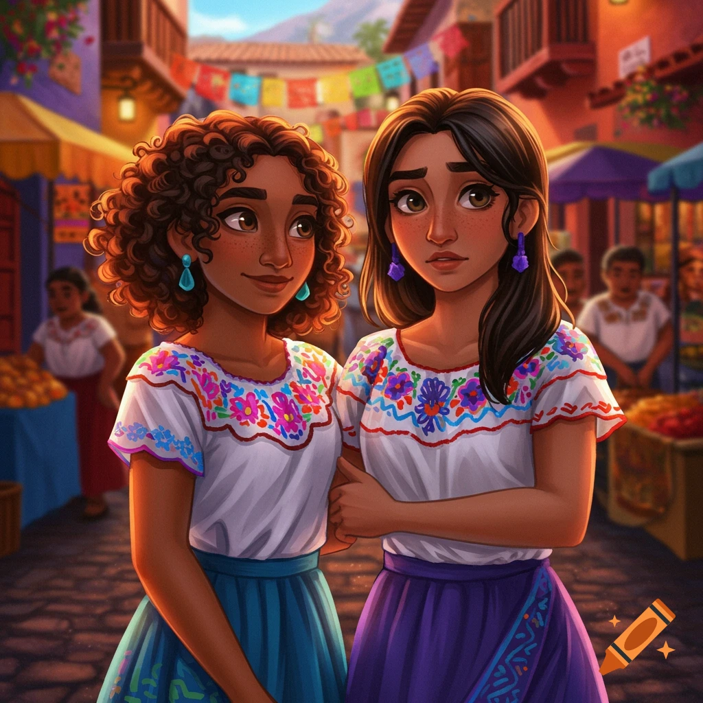 Two women in embroidered traditional dresses stand in a vibrant market street.