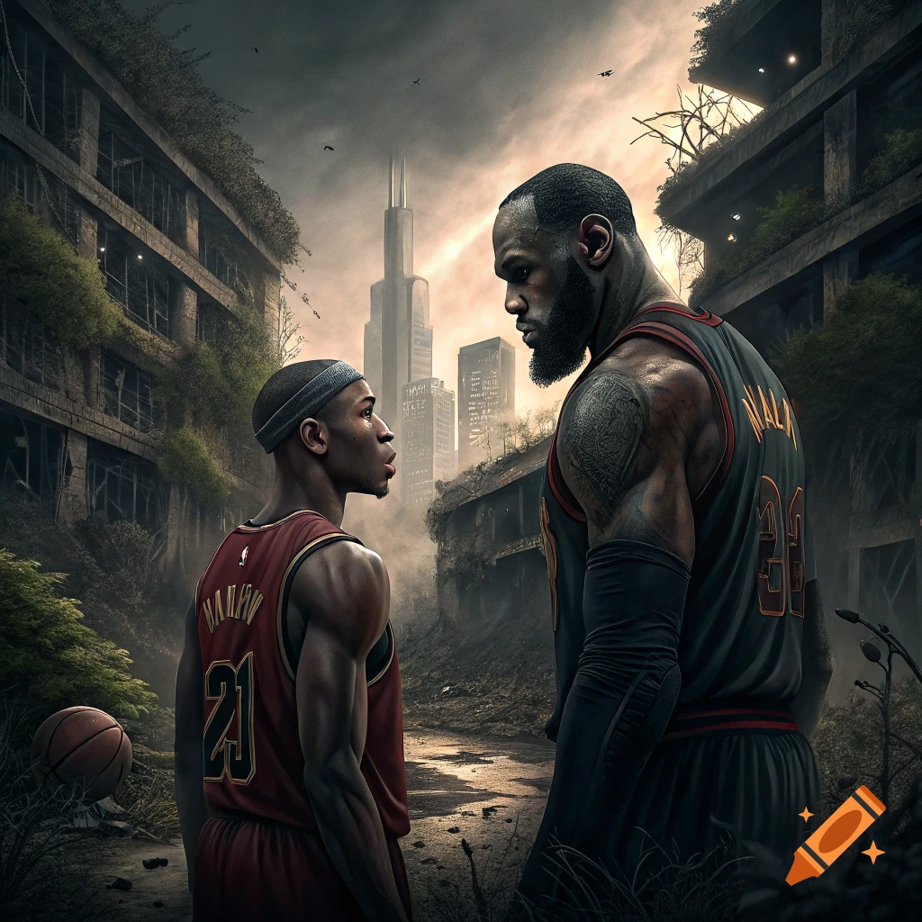 Two muscular basketball players face off in a ruined city landscape under a dark sky.