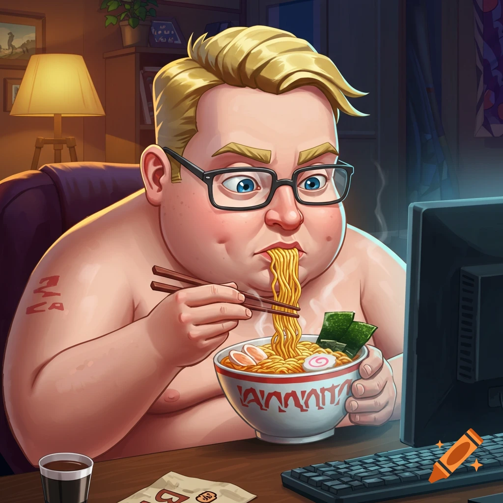 A man eats ramen while looking at a computer.