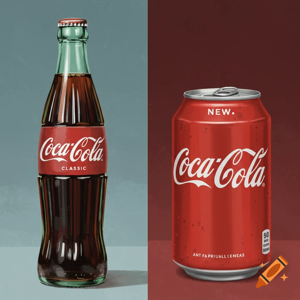 A Coca-Cola classic bottle is placed next to a new Coca-Cola can.