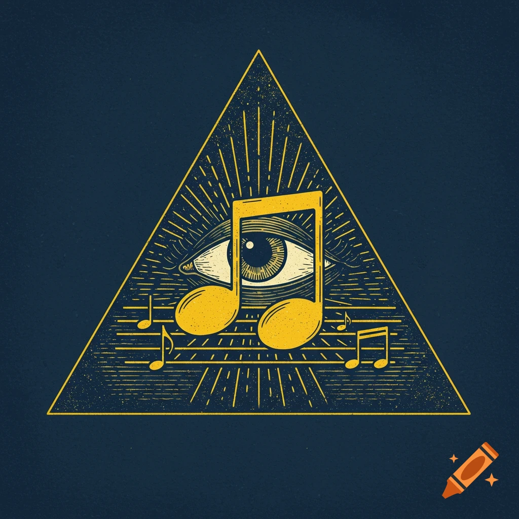 Illustration of a triangle symbol with an eye replaced by musical notes, in a style like an etching.