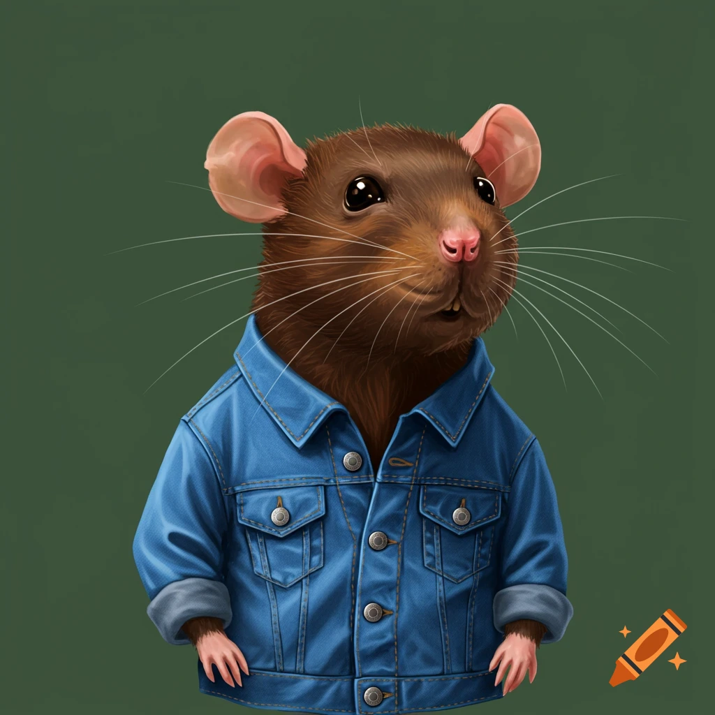 a brown rat wearing a blue denim jacket against a green background