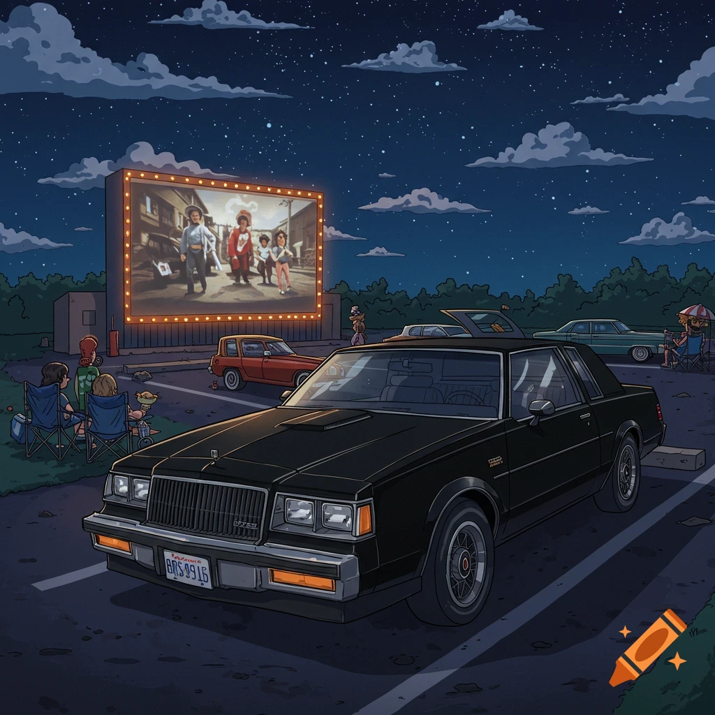 Cartoon illustration of a drive-in movie theater at night with cars and people watching a screen.