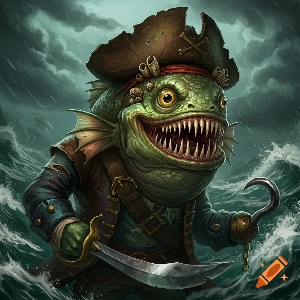 An evil-looking fish creature pirate with sharp teeth, holding a cutlass and hook in stormy seas.
