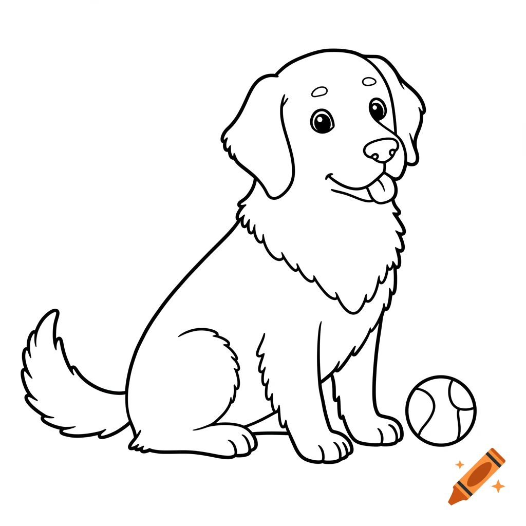 Black and white line art of a sitting golden retriever cartoon with a ball, coloring page style.