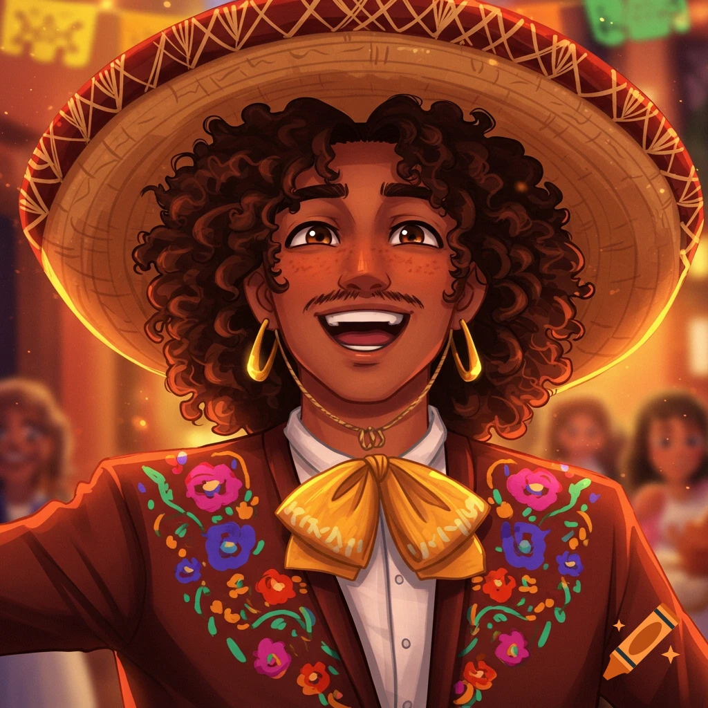 A smiling anime character with curly hair, mustache, and sombrero in an embroidered jacket at a festival.
