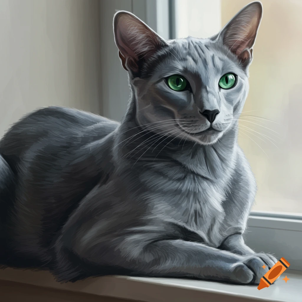 A gray cat with green eyes sits on a windowsill.