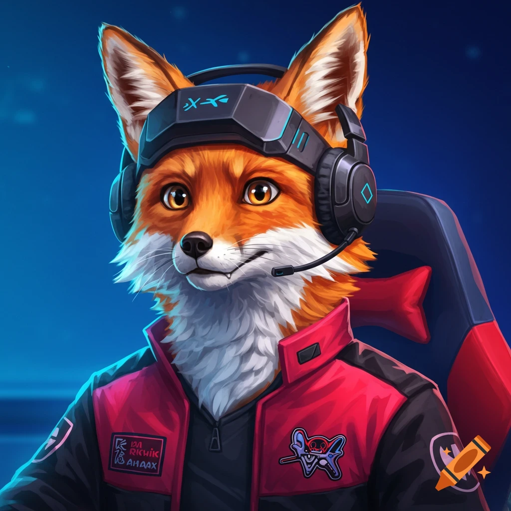 An anthropomorphic fox is wearing a gaming headset and jacket.