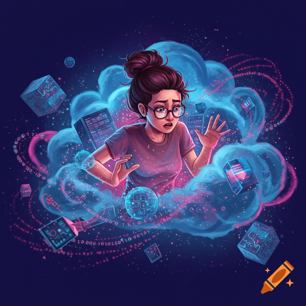 A surprised woman is shown amidst clouds, data streams, and technology elements.