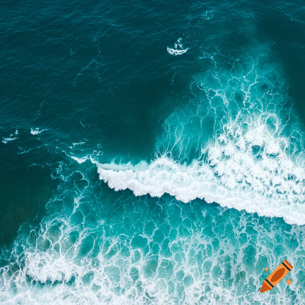 Birds eye view of deep blue ocean water with white crashing waves