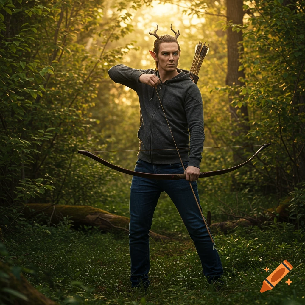 A man with antlers and pointed ears stands in a forest, holding a longbow. Photorealistic style.