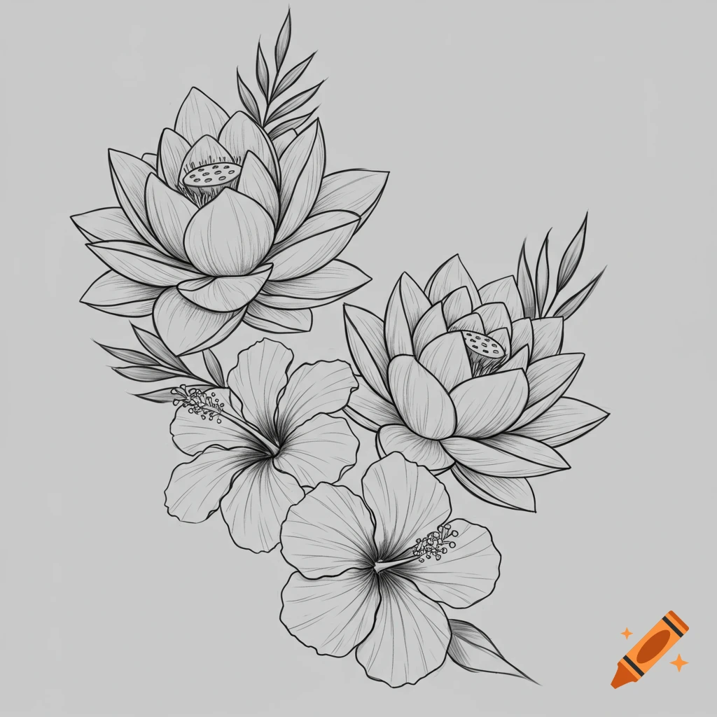 Line drawing of two lotus and two hibiscus flowers