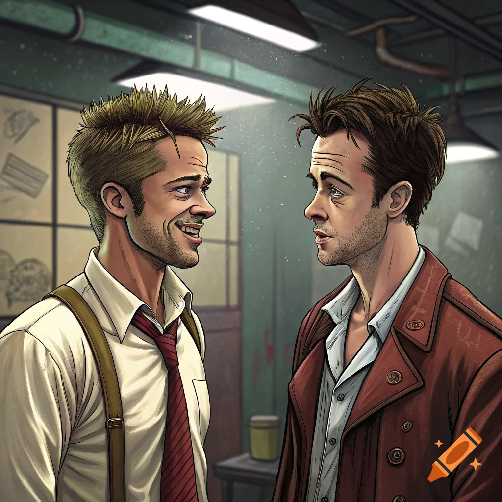 Cartoon of two men resembling Brad Pitt and Edward Norton in an indoor setting