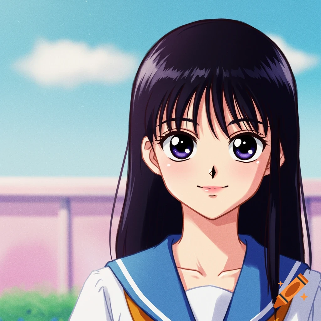 Anime portrait of a girl in a school uniform against a pastel background.