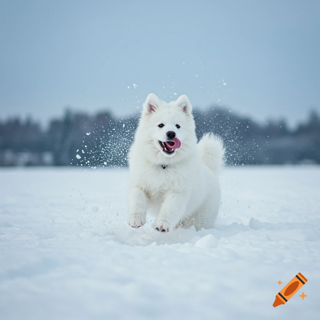 A happy white Samoyed puppy runs through fresh snow, kicking up particles.