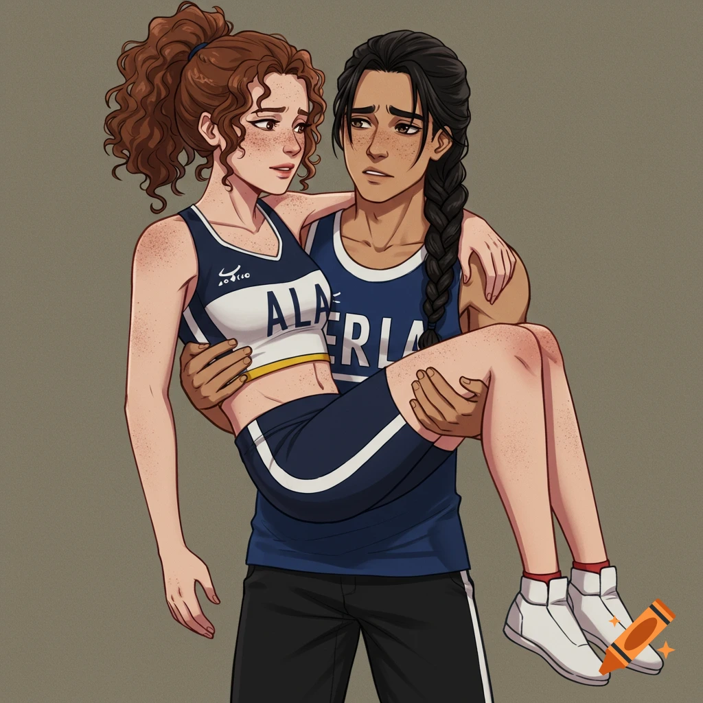 Two women in anime style, one carrying the other while wearing athletic uniforms.