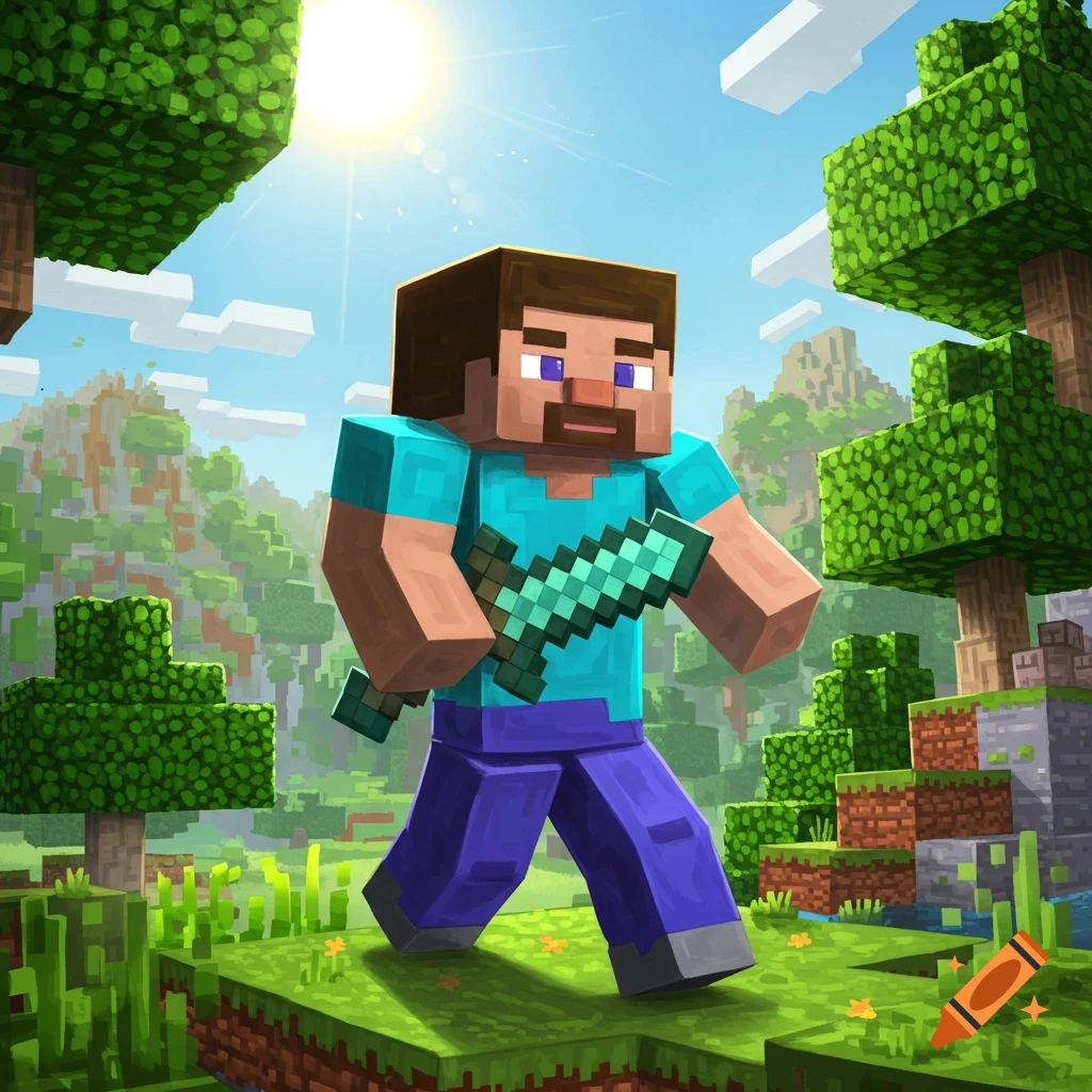 Blocky character Steve from Minecraft holds a sword in a sunny, forested landscape.