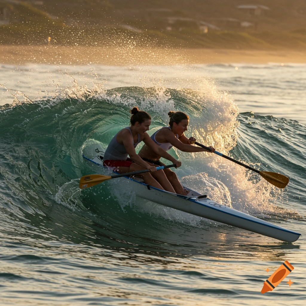 Two people paddle a board through a wave near a beach at sunset.