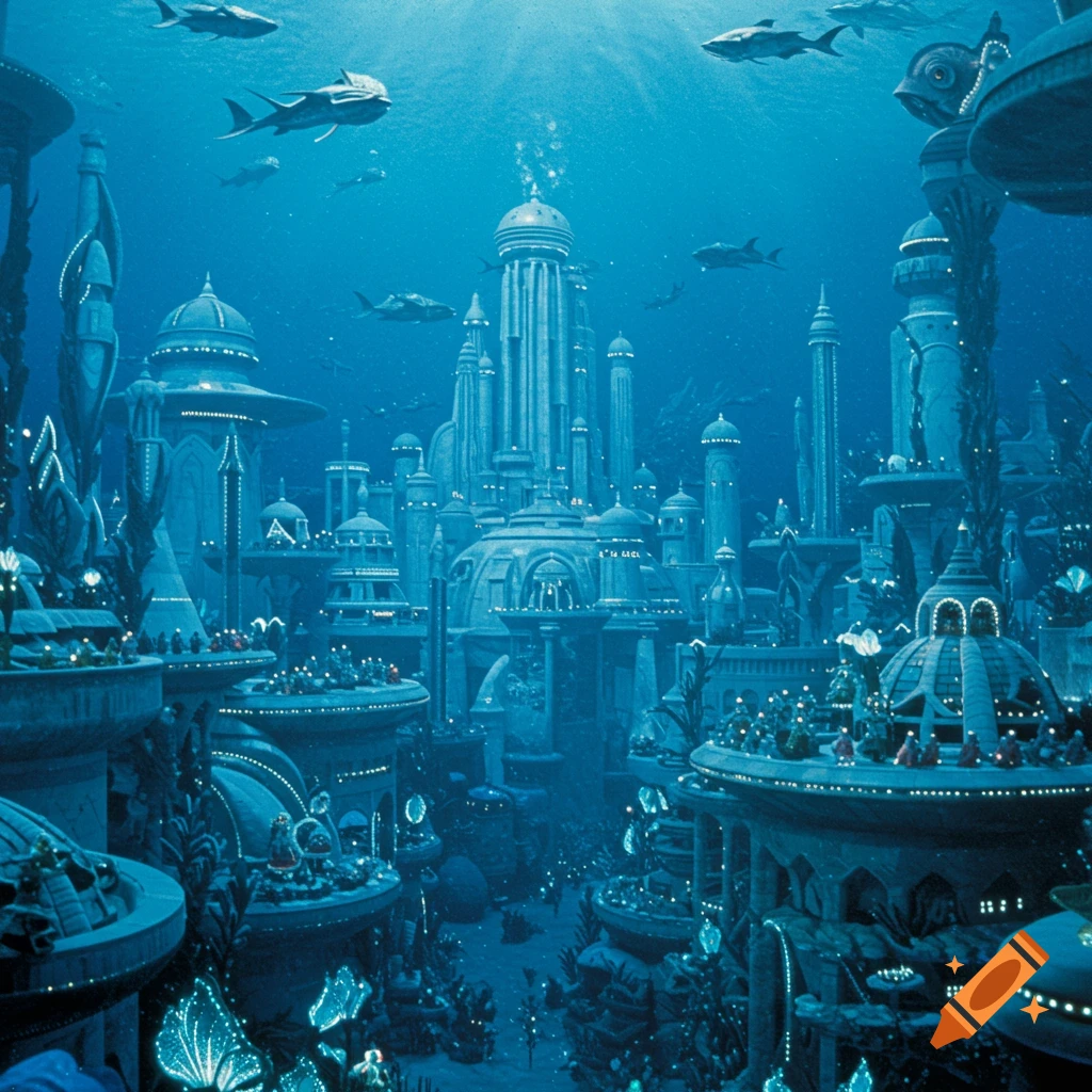 An underwater city with grand buildings, glowing lights, and fish swimming above.