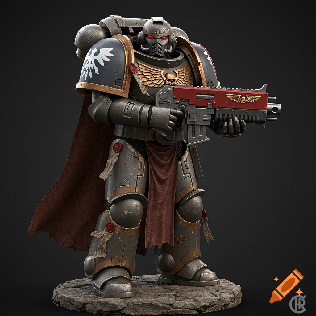 A Space Marine 3D render in grey armor with a red cloak, holding a rifle, standing on a rock.