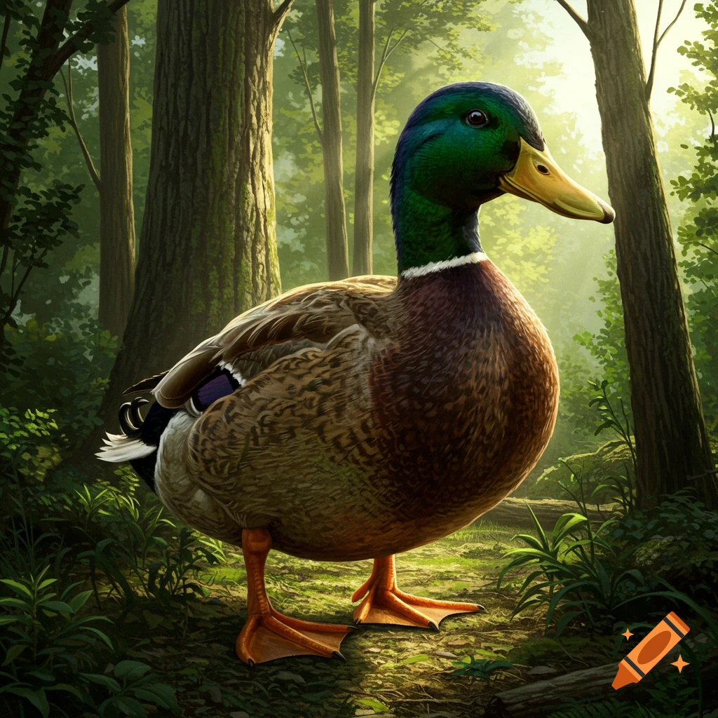 A giant mallard duck stands in a sunlit forest clearing.