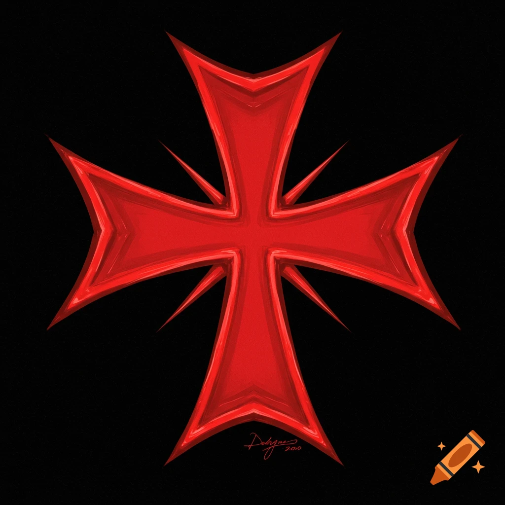 A stylized red Maltese cross on a black background.
