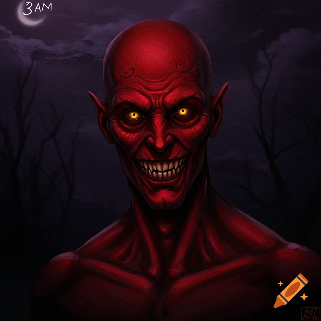 A scary red demonic figure with glowing eyes and sharp teeth at night with text 3AM.
