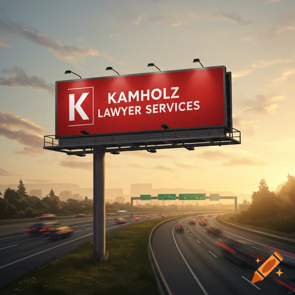 A billboard stands beside a highway, illuminated by the setting sun as traffic flows by.