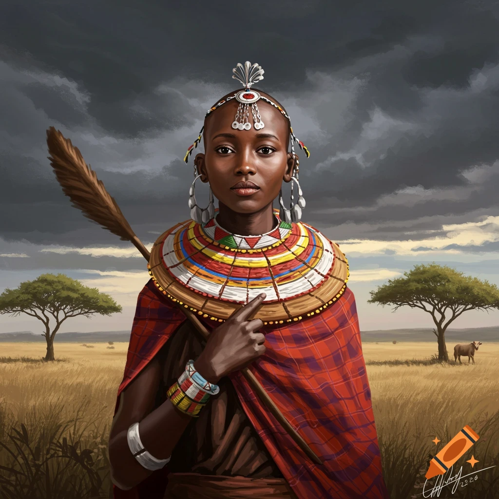 A Maasai woman in traditional attire holds a spear, standing in a savanna under a stormy sky.