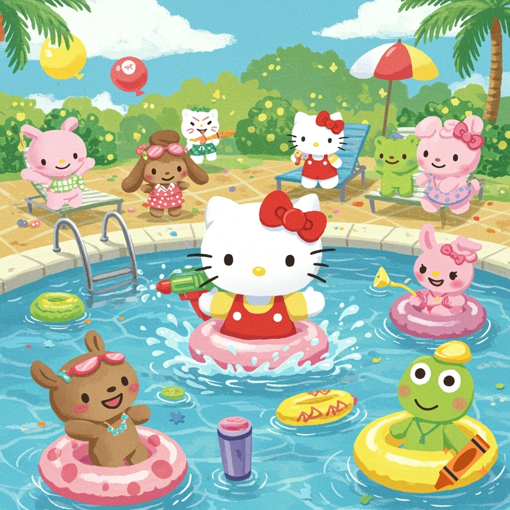 Cartoon illustration of Hello Kitty and friends having a pool party.