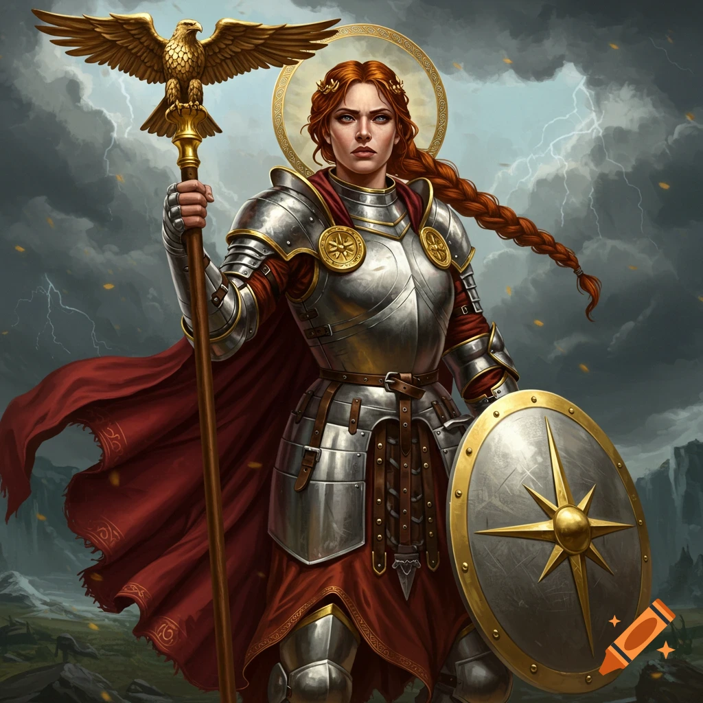 A female warrior in armor holds an eagle-topped staff and shield in a stormy landscape.