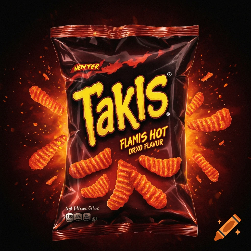 A bag of Takis chips with chips floating around it, surrounded by fire and sparks.