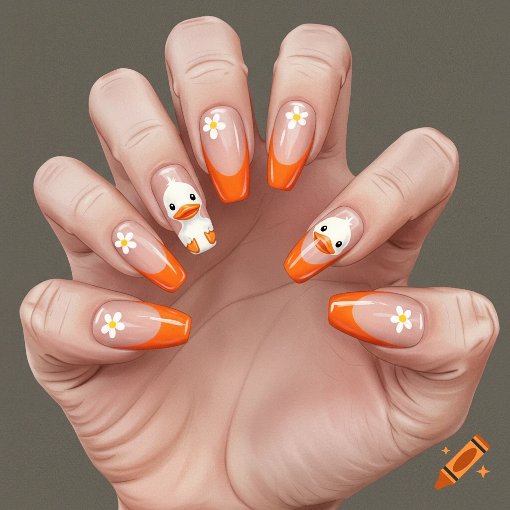 A hand with coffin-shaped nails featuring orange tips, white flowers, and cartoon ducks.