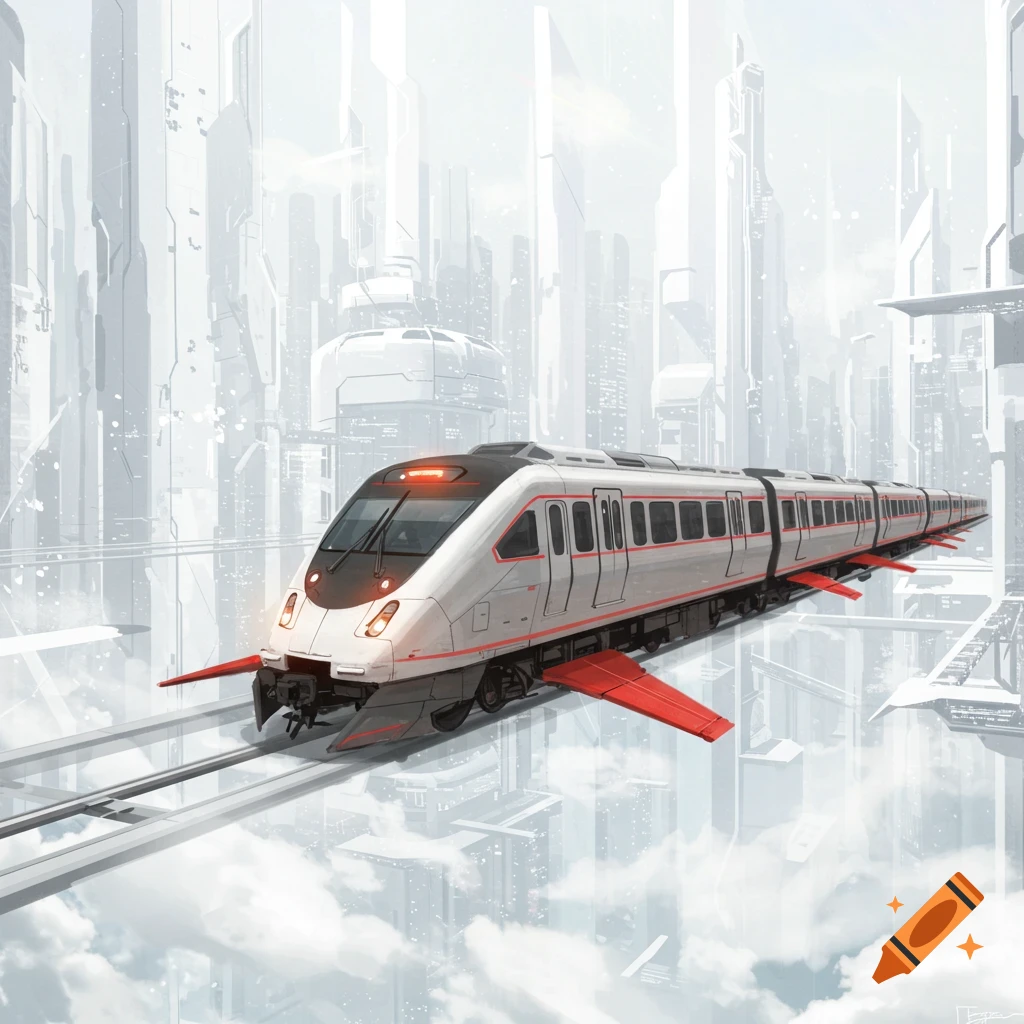 A futuristic floating train with red highlights over a city.