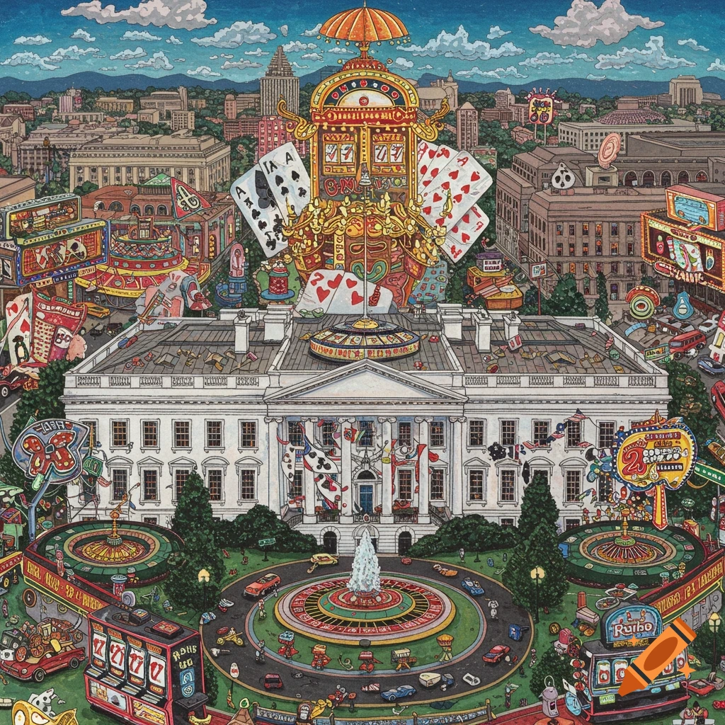 Illustration of the White House and surrounding Washington DC buildings depicted as a giant casino, with slot machines, roulette wheels, and playing cards.