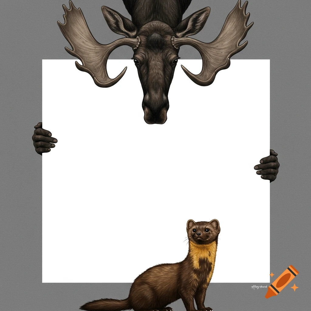 Illustration of a moose head and hands holding a blank white sign, with a marten looking up from below.